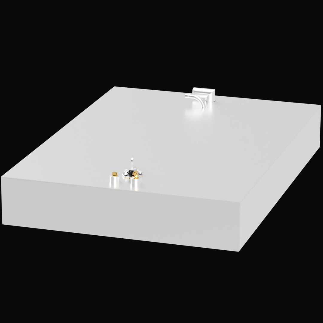A top view of the AquaSport 22 fuel tank, featuring a sleek, rectangular design in white with a 46-gallon capacity. The tank includes a fuel fill cap and two connection ports on the surface, set against a black background