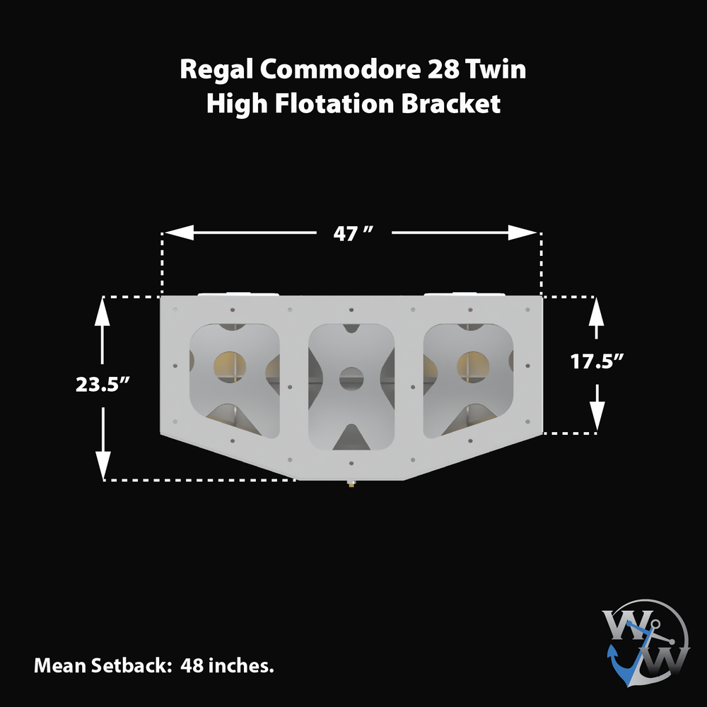 Diagram of a Whitewater/Seavee/Rampone 25 Twin Engine High Flotation Bracket, showing a white metal support structure with multiple circular and triangular cutouts. The bracket measures 47 inches in width, 23.5 inches in height on the left side, and 17.5 inches in height on the right side. The diagram notes a mean setback of 48 inches and features the Welding World Inc. logo in the bottom right corner. The background is black with white text and measurements