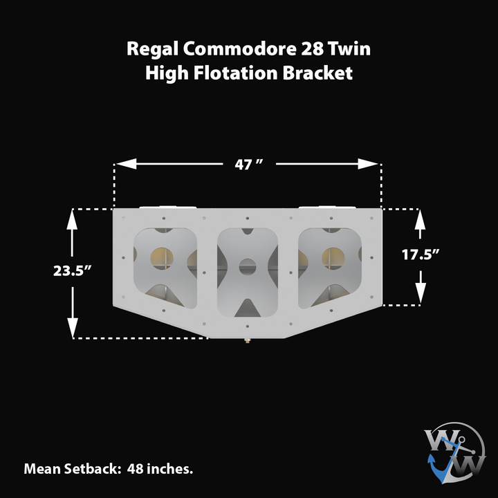 Diagram of a Whitewater/Seavee/Rampone 25 Twin Engine High Flotation Bracket, showing a white metal support structure with multiple circular and triangular cutouts. The bracket measures 47 inches in width, 23.5 inches in height on the left side, and 17.5 inches in height on the right side. The diagram notes a mean setback of 48 inches and features the Welding World Inc. logo in the bottom right corner. The background is black with white text and measurements