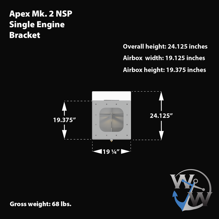 Technical drawing of the Apex Mk. 2 NSP Single Engine Bracket, showing its overall height of 24.125 inches, airbox width of 19.125 inches, and airbox height of 19.375 inches. The diagram includes measurements with arrows indicating dimensions, along with the gross weight of 68 lbs. The background is black with white text and lines