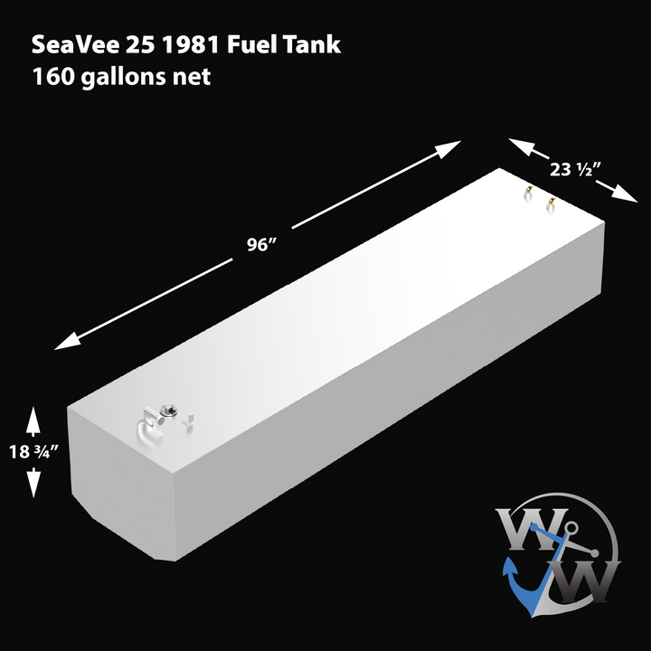 A 3D rendered image of a SeaVee 25 1981 Fuel Tank with a net capacity of 160 gallons. The tank is rectangular with slightly beveled corners and features fittings on the top surface. Dimensions are labeled as 96 inches long, 23.5 inches wide, and 18.75 inches high. The background is black, and the tank has a smooth white finish with the Welding World logo at the bottom right.