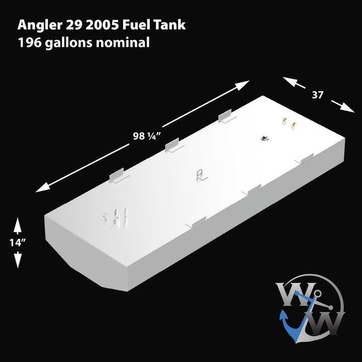 2005 Angler 29 with a 196-gallon nominal OEM replacement belly fuel tank, designed for offshore fishing with durable and efficient fuel storage