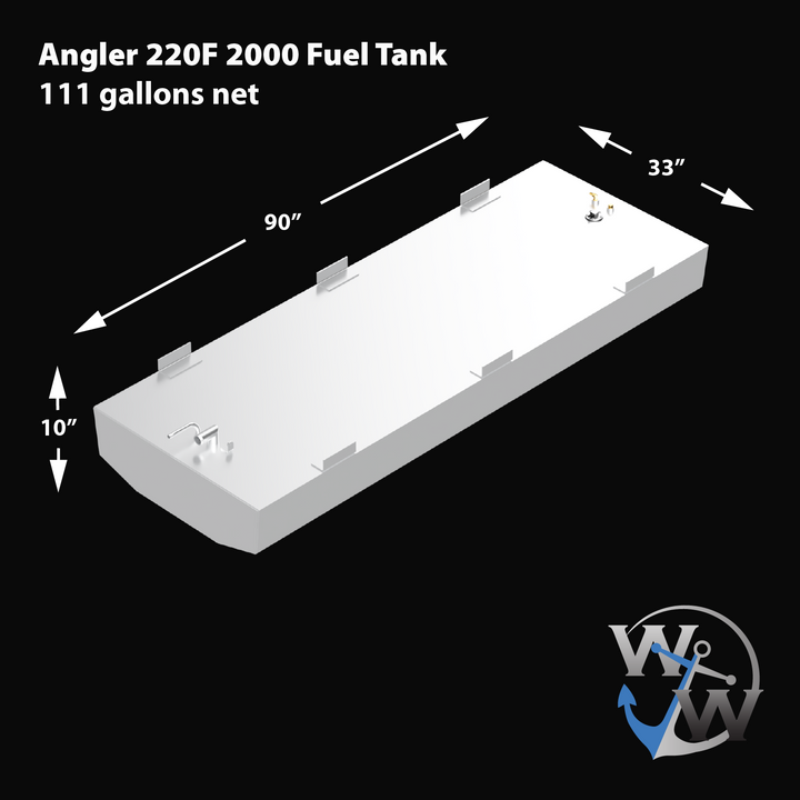 3D render of a rectangular white marine fuel tank with angled front edges and eight mounting brackets around its sides. The tank measures 90 inches long, 33 inches wide, and 10 inches tall. On the top surface, there are various fittings clustered near the front right corner, including a round cap, two small brass fittings, a silver elbow pipe, a straight pipe, and a small bracket. The background is black. Text at the top left reads: 'Angler 220F 2000 Fuel Tank, 111 gallons net