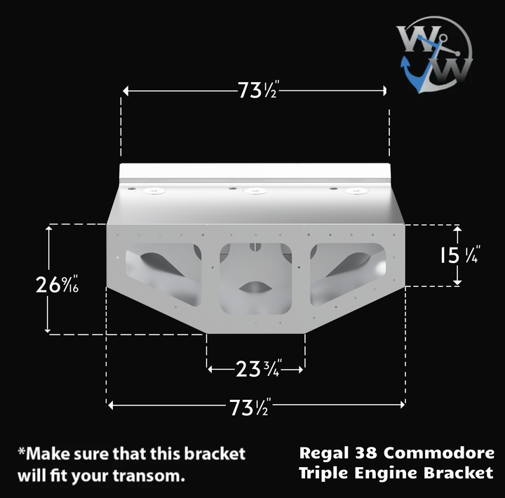 Diagram of the Regal 38 Commodore High Flotation Triple Engine Bracket, featuring dimensions: 73.5 inches wide, 26 inches deep, and 15.4 inches high, with a note to ensure compatibility with the transom
