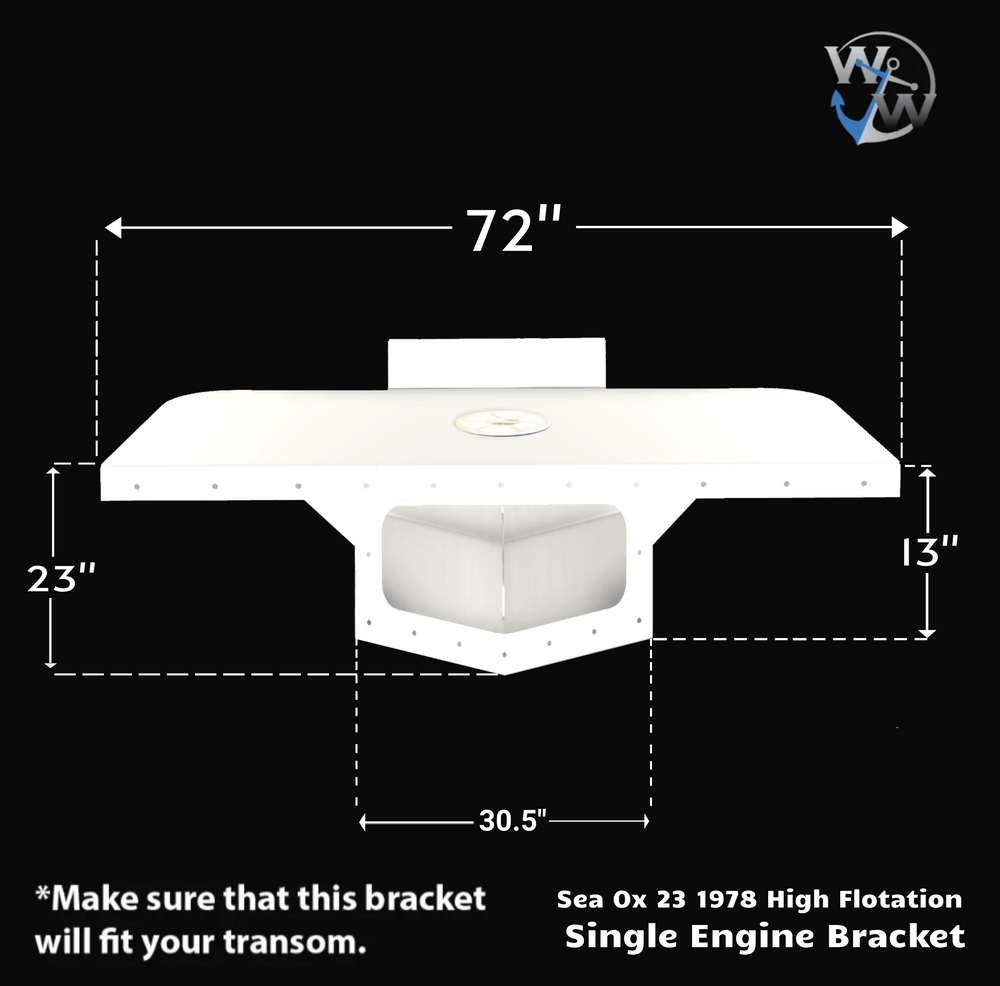 Diagram of the Sea Ox 23 1978 Single High Flotation Engine Bracket, featuring dimensions of 72 inches in width, 23 inches in height, and 13 inches in depth, with a central cutout measuring 30.5 inches. The design is shown against a black background, emphasizing the bracket's shape and size