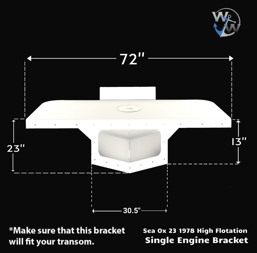 Diagram of the Sea Ox 23 1978 Single High Flotation Engine Bracket, featuring dimensions of 72 inches in width, 23 inches in height, and 13 inches in depth, with a central cutout measuring 30.5 inches. The design is shown against a black background, emphasizing the bracket's shape and size