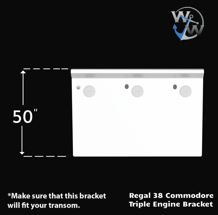 IIlustration of the Regal 38 Commodore High Flotation Triple Engine Bracket, featuring a white rectangular bracket with dimensions of 50 inches, indicating the placement of two mounting holes. The image includes a note about ensuring the bracket fits the transom