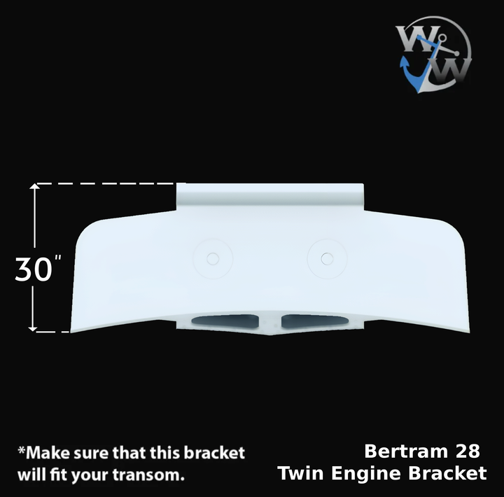 Illustration of a Bertram 28 Twin High Flotation Engine Bracket, measuring 30 inches in width, designed to fit a transom. The bracket features a sleek, white design against a black background, with a note emphasizing compatibility with the transom