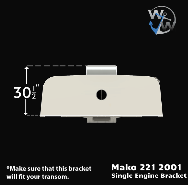 Mako 221 2001 Apex Single Engine Bracket, featuring a white design with dimensions of 30.5 inches, displayed against a dark background. A note emphasizes the importance of ensuring the bracket fits the transom