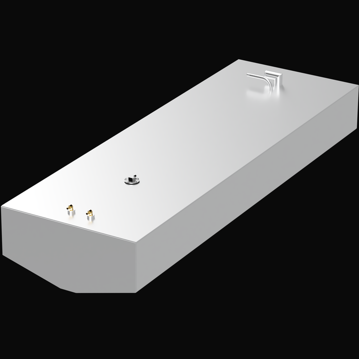 A sleek, rectangular fuel tank designed for the Carolina Skiff Sea Chaser 24 CC, featuring a polished silver finish. The tank has a flat top with a small vent and two fuel fittings on one side, showcasing its capacity of 100 gallons