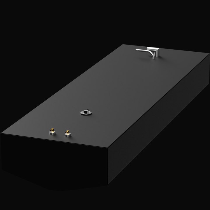 A sleek, rectangular black fuel tank designed for a Carolina Skiff Sea Chaser 24 CC boat, featuring a top-mounted fuel fill cap and two brass fittings for fuel lines. The tank has a smooth surface and a modern aesthetic, suitable for marine applications