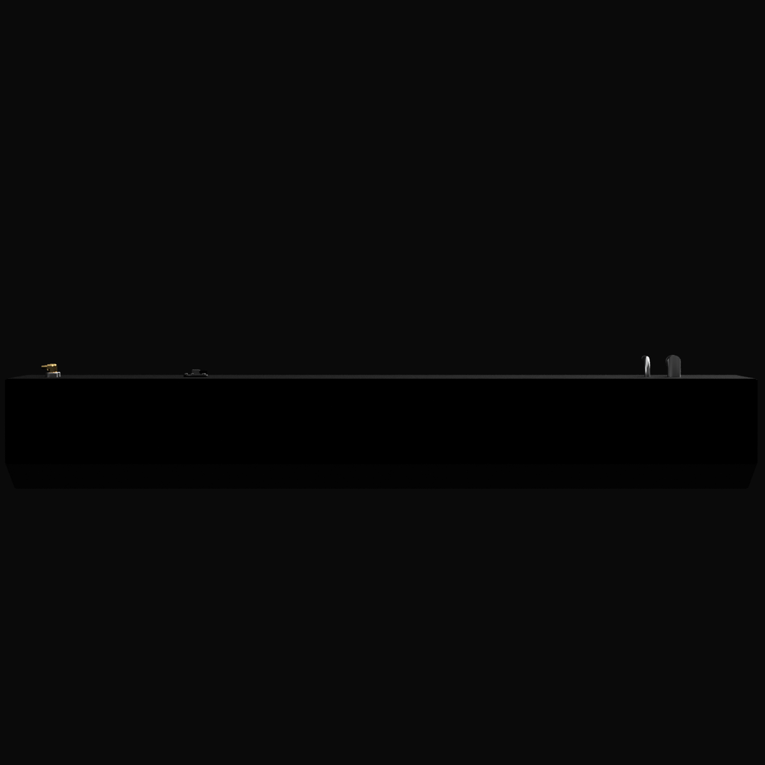 A 100-gallon fuel tank designed for a 2003 Carolina Skiff Sea Chaser 24 CC, featuring a sleek, rectangular shape with a smooth surface and a fuel gauge on one end. The tank is shown against a black background, emphasizing its design and functionality