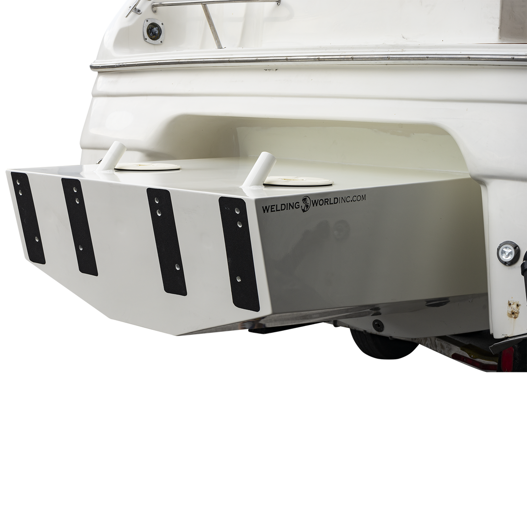Close-up of a Regal Commodore 28 boat with a custom high flotation twin outboard engine bracket, showing a white, sturdy support structure attached to the stern. The bracket features black mounting plates with multiple holes and a reflective surface with the "Welding World Inc." logo and website. The background is transparent with a checkered pattern