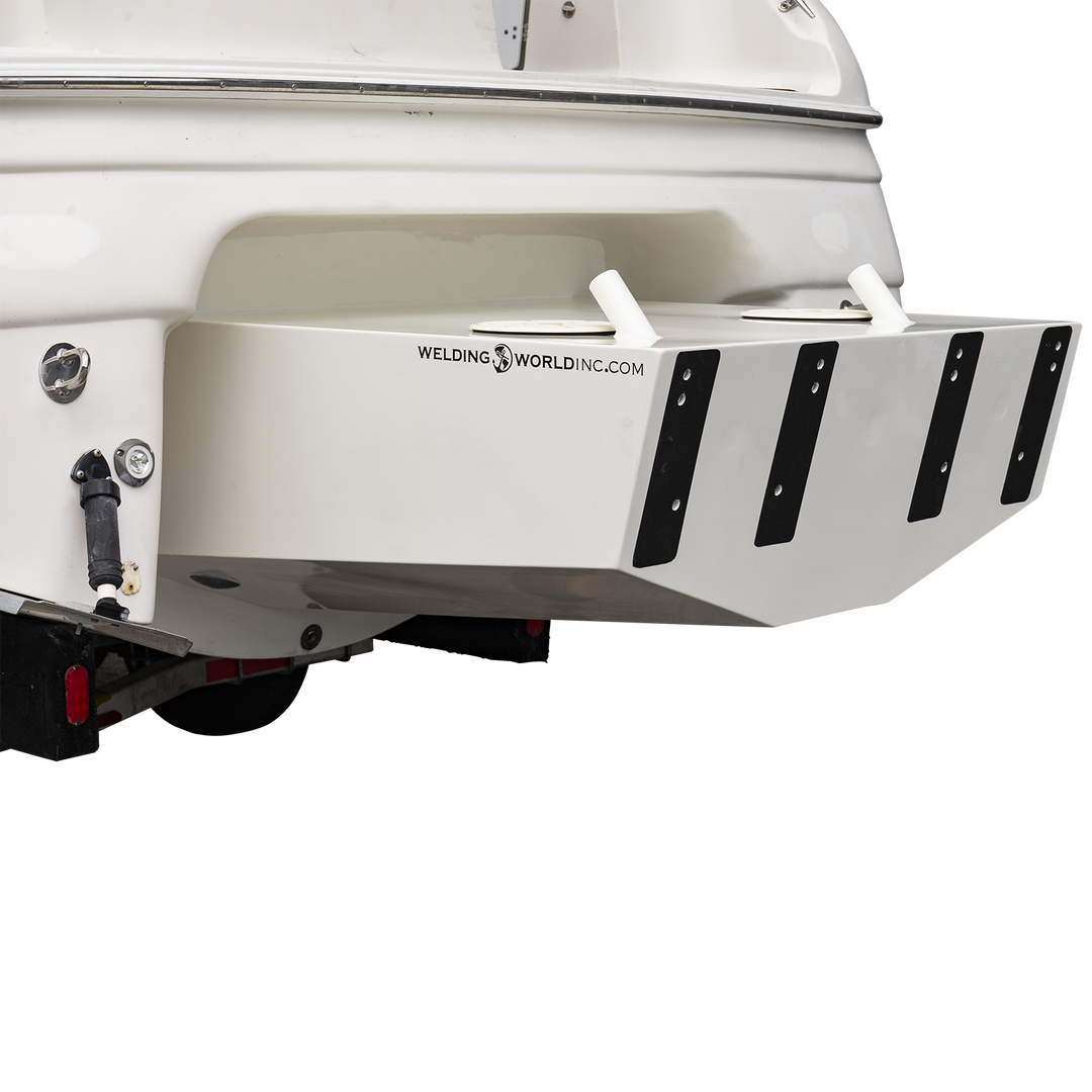 Close-up of the stern of a white boat featuring the Whitewater/Seavee/Rampone 25 Twin Engine High Flotation Bracket, with the "Welding World Inc." logo visible on the support structure. The background is transparent with a checkered pattern