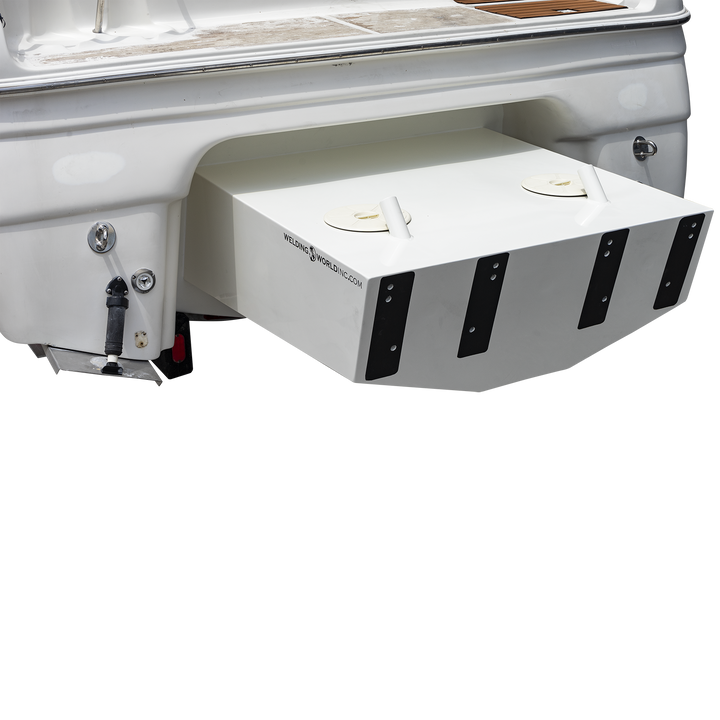 Close-up of the stern of a boat showing a white high flotation twin engine bracket attached to the transom. The bracket features black mounting plates and the text "Welding World Inc." printed on it. The background is transparent with a checkered pattern