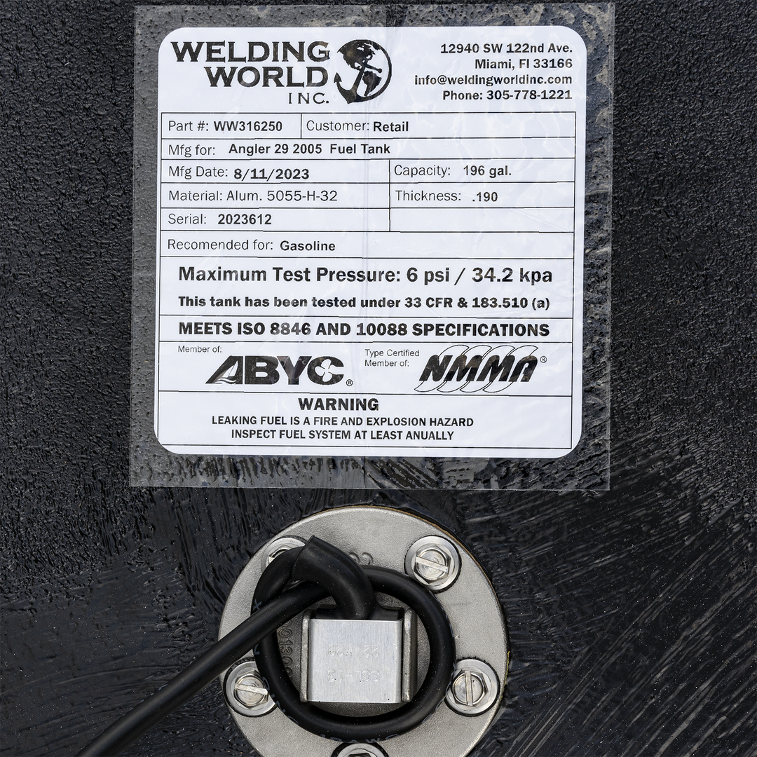 A label of a 2005 Angler 29 with a 196-gallon nominal OEM replacement belly fuel tank, designed for offshore fishing with
durable and efficient fuel storage