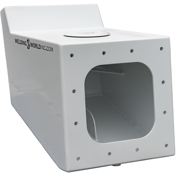 A white metal bracket labeled "Apex Mk. 2 NSP Single Engine Bracket," featuring a large central opening with rounded edges, multiple small mounting holes around the perimeter, and the logo and website "Welding World Inc." printed on the side. The background is transparent with a black checkerboard pattern