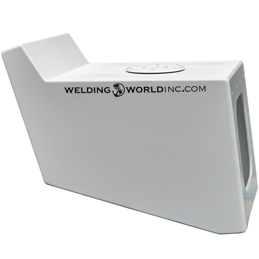 A white metal bracket labeled "Apex Mk. 2 NSP Single Engine Bracket," with the "Welding World Inc." logo and website printed on it, featuring a large central opening and multiple smaller holes around the edges. The background is transparent with a black checkered pattern