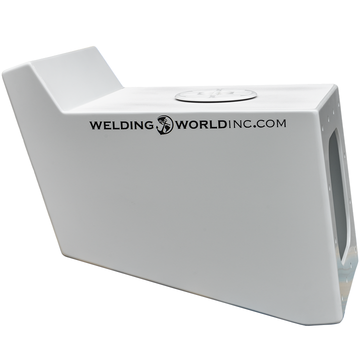 A white metal bracket labeled "Apex Mk. 2 NSP Single Engine Bracket," with the "Welding World Inc." logo and website printed on it, featuring a large central opening and multiple smaller holes around the edges. The background is transparent with a black checkered pattern