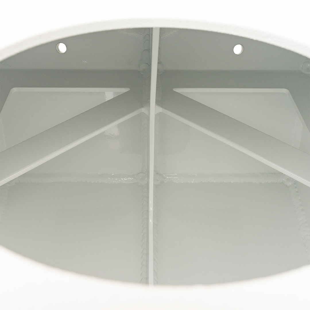 The interior of a white metal enclosure showing the Apex Mk. 2 NSP Single Engine Bracket, a white, rectangular component with rounded edges, featuring two circular holes near the top and a welded ring in the center. The background is white with a black border