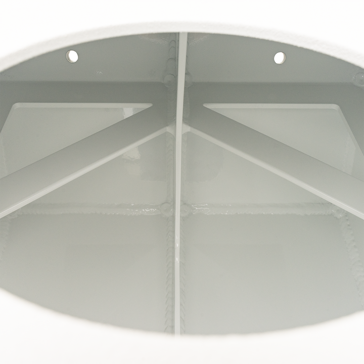 The interior of a white metal enclosure showing the Apex Mk. 2 NSP Single Engine Bracket, a white, rectangular component with rounded edges, featuring two circular holes near the top and a welded ring in the center. The background is white with a black border