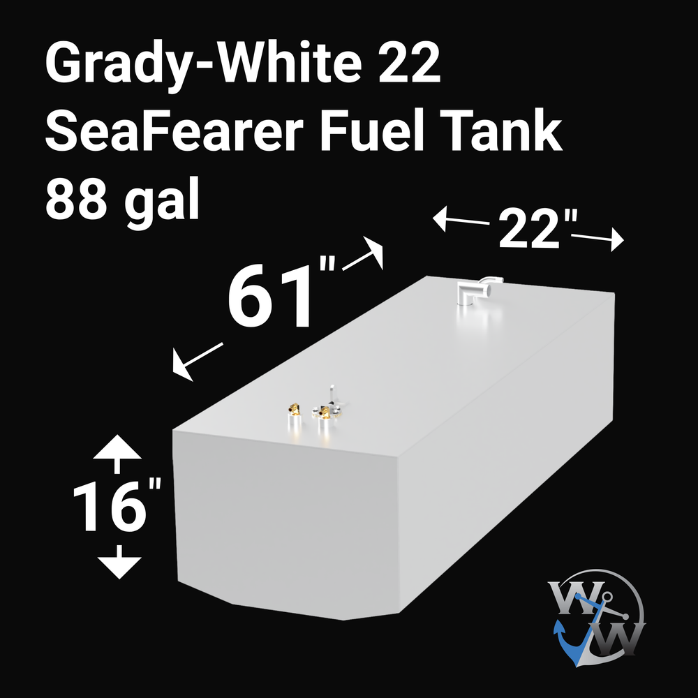 Image of a Grady-White 22 SeaFearer Fuel Tank with a capacity of 88 gallons. The tank dimensions are 61 inches in length, 22 inches in width, and 16 inches in height. The tank features fittings on the top for fuel connections