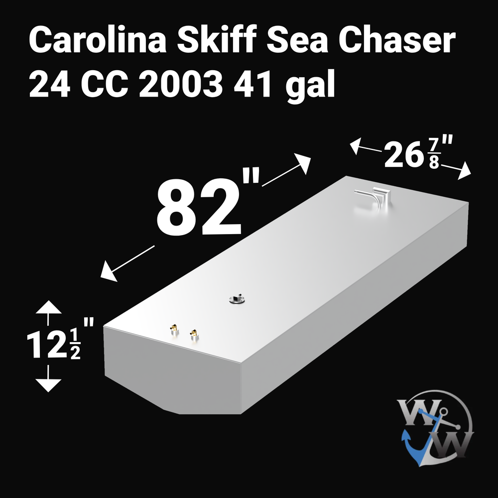 Diagram of a 2003 Carolina Skiff Sea Chaser 24 CC fuel tank, featuring dimensions of 82 inches in length, 26 7/8 inches in width, and 12 1/2 inches in height, with a capacity of 41 gallons. The tank is shown in a sleek design with connection points indicated