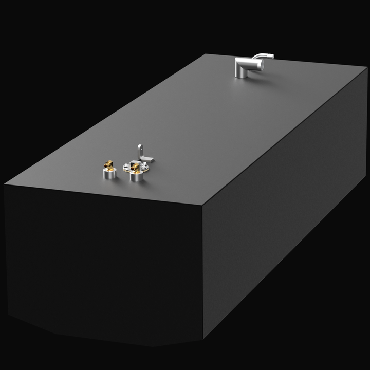 A sleek, rectangular fuel tank designed for the Grady-White 22 SeaFearer, featuring a matte black finish. The tank has an 88-gallon capacity and includes two brass fittings and a vent on the top, showcasing its functional design for marine use
