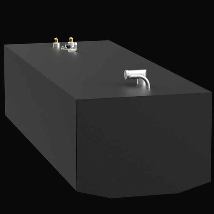 A black fuel tank designed for the Grady-White 22 SeaFearer, featuring an 88-gallon capacity. The tank has two brass fittings on top and a silver outlet pipe on one side, set against a dark background