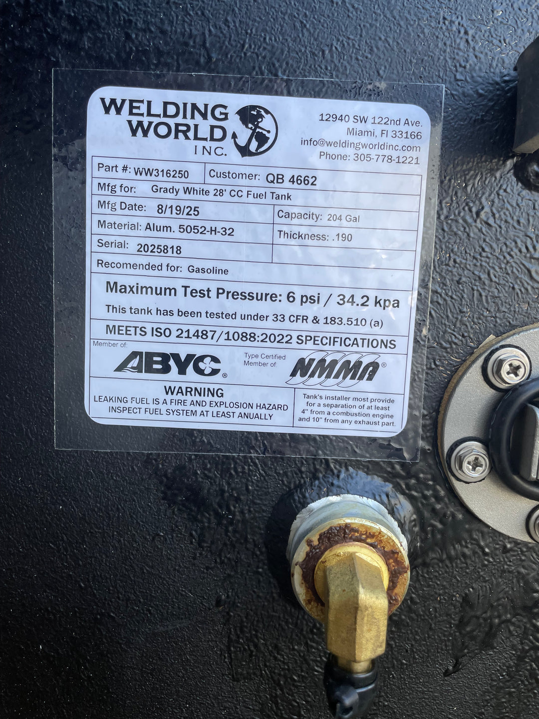 Grady White  28 CC Fuel Tank  (204 gallon) | 1998 oem replacement