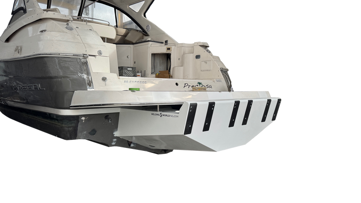 Rear view of a Regal 38 Commodore boat featuring a high flotation triple engine bracket, showcasing its sleek design and sturdy construction