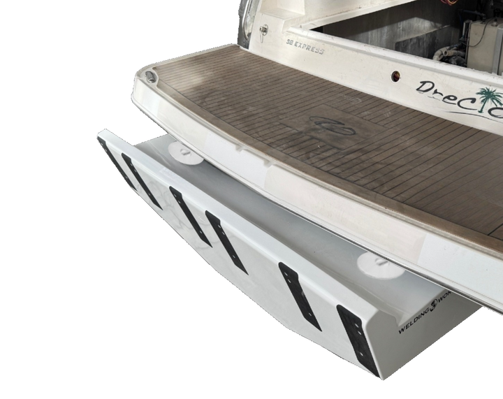 Close-up view of a Regal 38 Commodore high flotation triple engine bracket, featuring a sleek white design with multiple mounting points, positioned against a transparent background