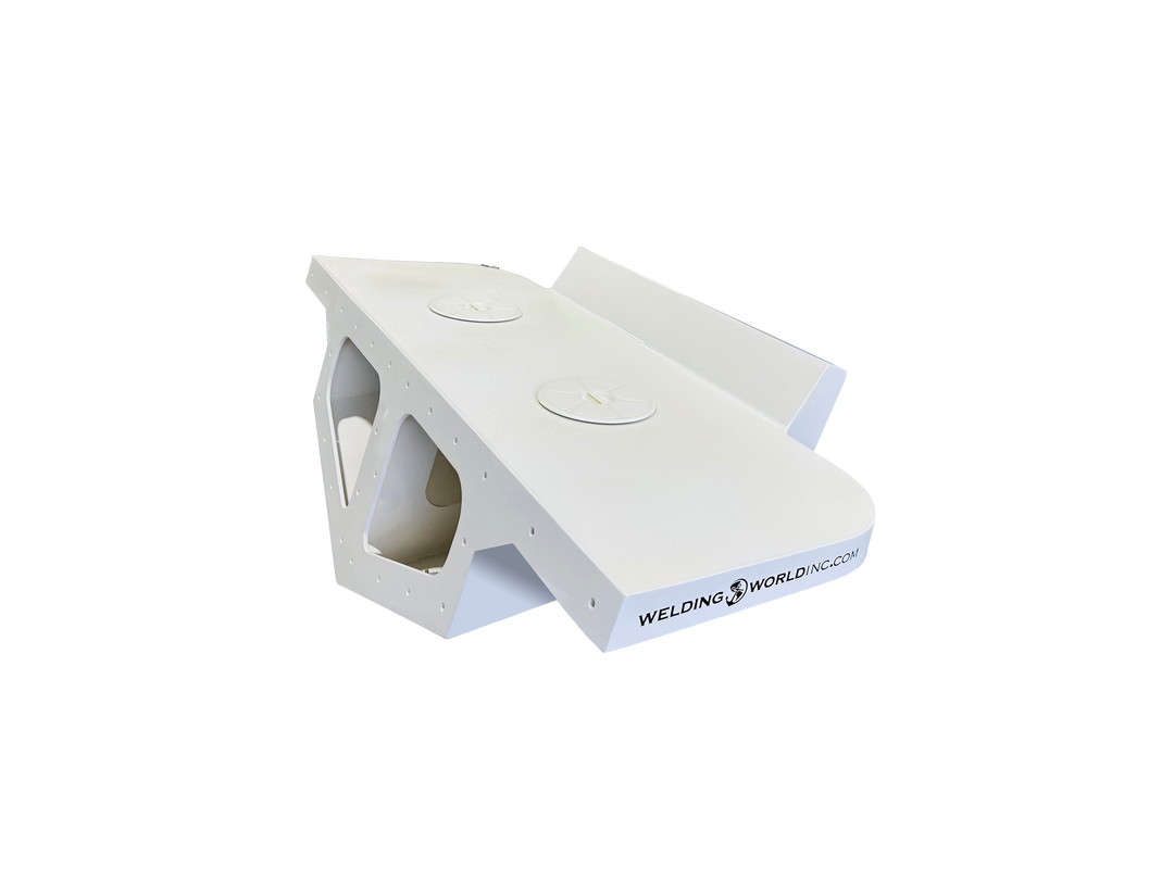 Alt text: "A high flotation twin engine bracket designed for a 1992 Grady White 24 Offshore boat, featuring a sleek white design with a logo from Welding World