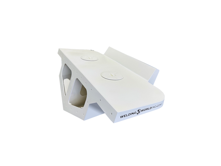 Alt text: "A high flotation twin engine bracket designed for a 1992 Grady White 24 Offshore boat, featuring a sleek white design with a logo from Welding World