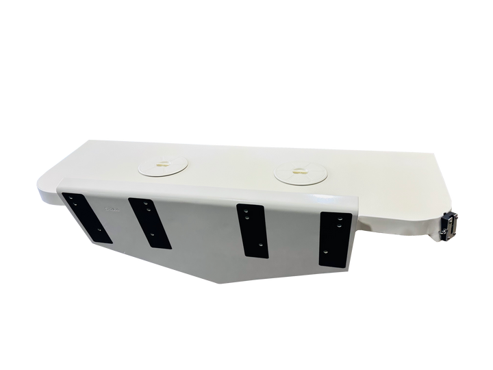 High flotation twin engine bracket for a 1992 Grady White 24 Offshore boat, featuring a sleek white design with two circular cutouts and black mounting straps