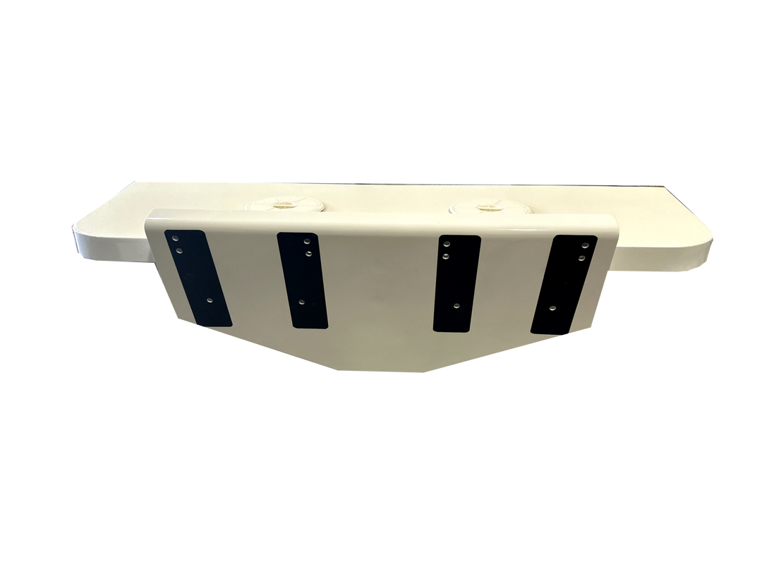 Front view of a Velocity 280 1997 Twin High Flotation Engine Bracket, featuring a white body with black mounting strips and holes for installation, set against a transparent background