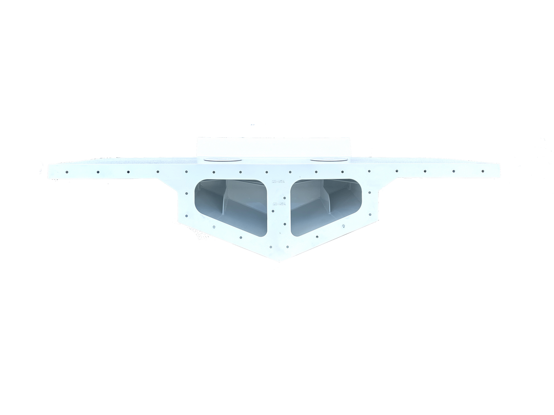 Front view of a Bertram 28 Twin High Flotation Engine Bracket, featuring a white, streamlined design with two large openings and multiple mounting holes, set against a transparent background