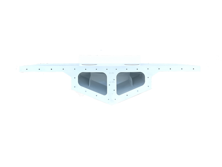 Front view of a Bertram 28 Twin High Flotation Engine Bracket, featuring a white, streamlined design with two large openings and multiple mounting holes, set against a transparent background