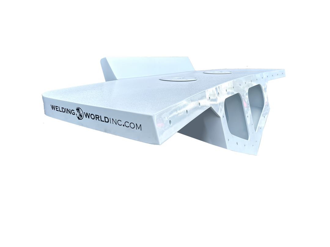 A picture of a Bertram 28 Twin High Flotation Engine Bracket, featuring a sleek white design with the logo 'Welding World Inc.' displayed on the side, set against a transparent background.