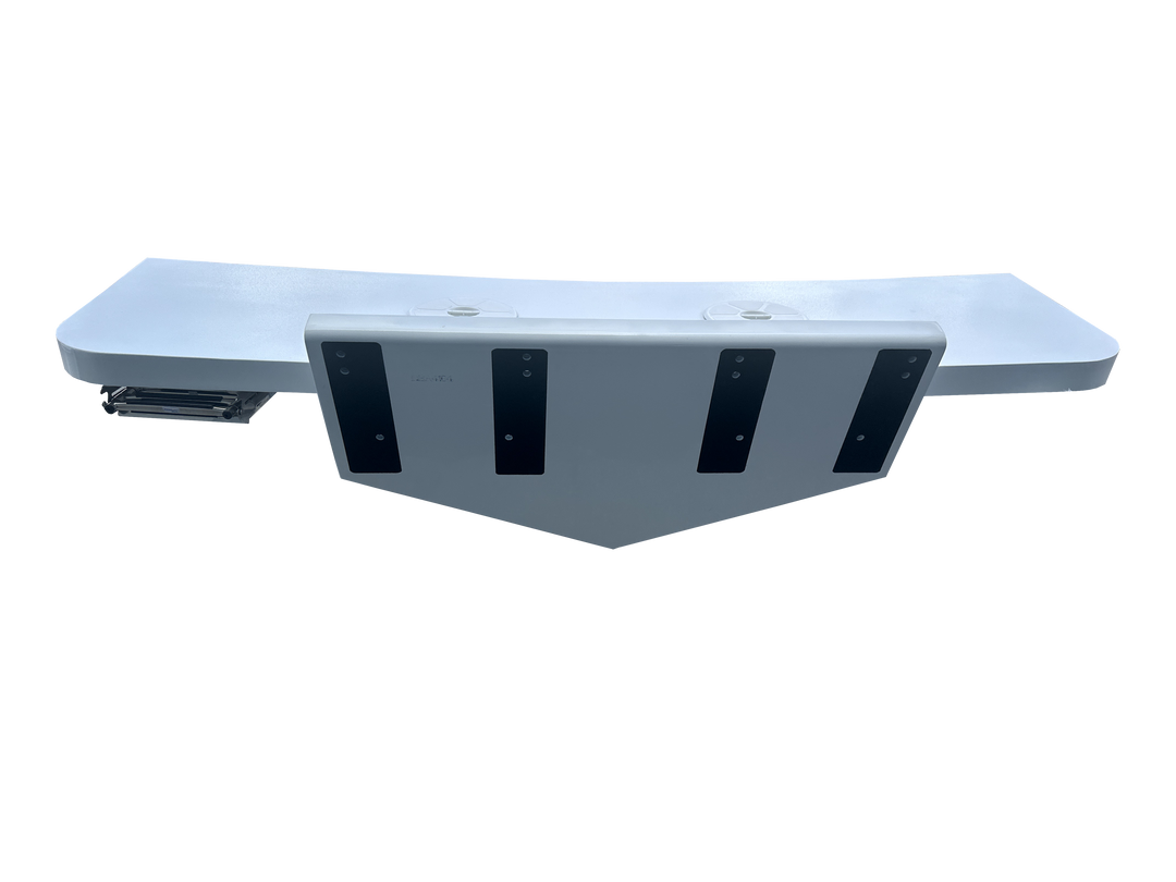 Top view of a Bertram 28 Twin High Flotation Engine Bracket, featuring a sleek white design with multiple black mounting plates for secure attachment