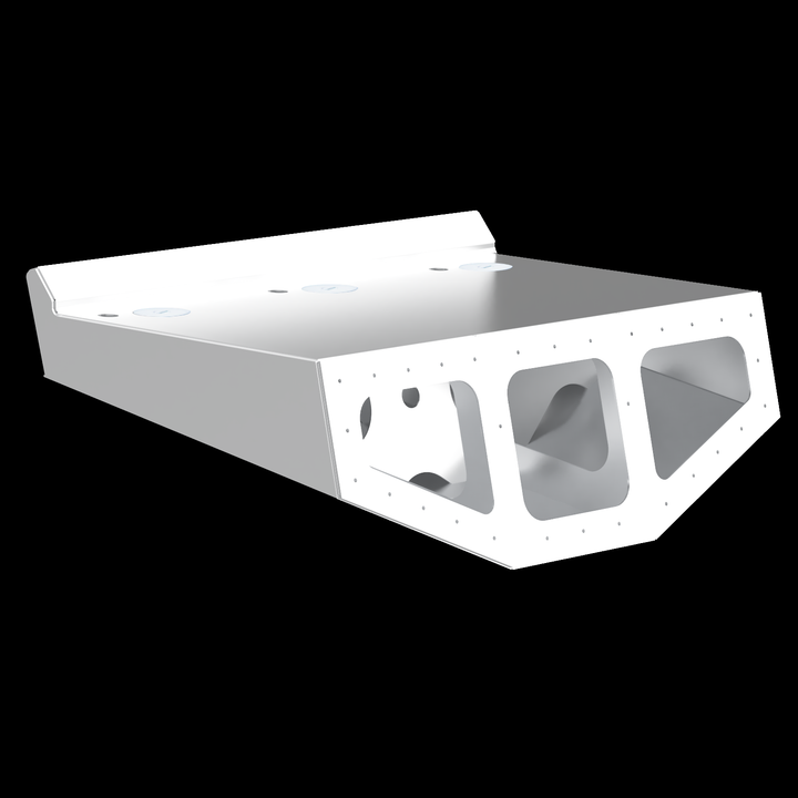 Regal 38 Commodore High Flotation Triple Engine Bracket, featuring a sleek, white design with cutouts for weight reduction and enhanced flotation, shown from a three-quarter angle against a black background