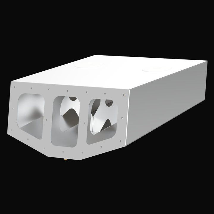 3D rendering of a Whitewater/Seavee/Rampone 25 Twin Engine High Flotation Bracket, showing a rectangular, white metal structure with multiple cutouts and mounting points. The bracket has a flat top surface with two circular features and a front face with three large, rounded rectangular openings. The background is black