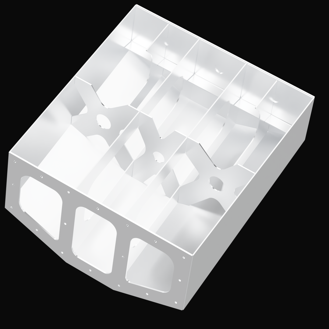 3D rendering of a Whitewater/Seavee/Rampone 25 Twin Engine High Flotation Bracket, showing a metallic, box-shaped structure with multiple cutouts and mounting holes. The bracket has a rectangular base with rounded edges and various internal supports and openings, designed to accommodate twin engines. The background is black