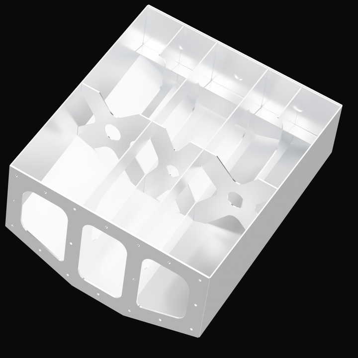 3D rendering of a Whitewater/Seavee/Rampone 25 Twin Engine High Flotation Bracket, showing a metallic, box-shaped structure with multiple cutouts and mounting holes. The bracket has a rectangular base with rounded edges and various internal supports and openings, designed to accommodate twin engines. The background is black