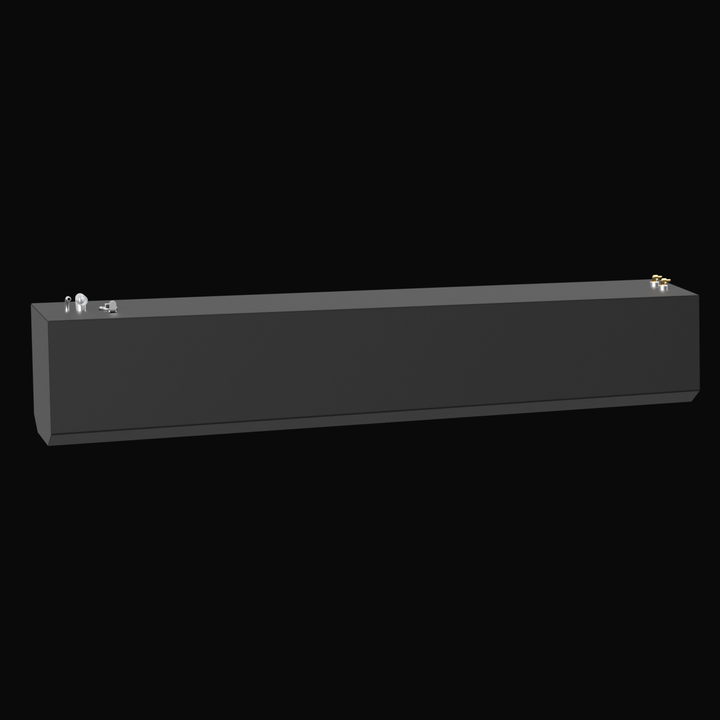 A 3D rendered model of a large rectangular marine fuel tank in black with beveled front corners. The tank features multiple fittings and components on the top surface, including brass and silver pipe fittings positioned at both the front-left and rear-right corners. The tank is shown on a plain white background, viewed from a slight front-left angle