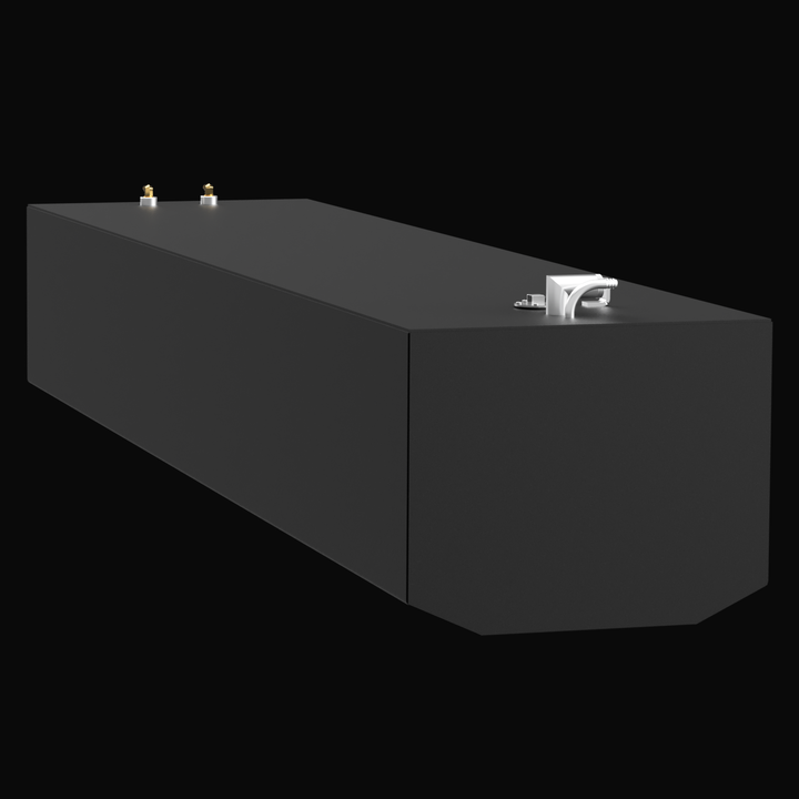 3D rendered image of a long, rectangular black marine fuel tank with beveled front corners, shown from a rear-left perspective. The tank has a matte black finish and features two small brass fittings on the rear-left side and a cluster of white fittings and a cap on the front-right top surface. The tank is isolated on a solid black background