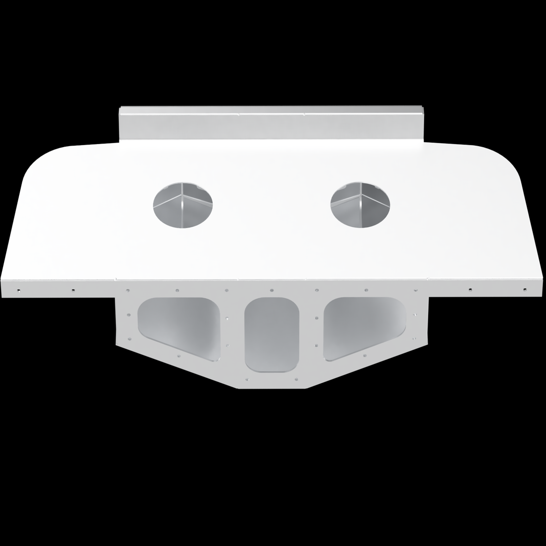 White silhouette of a Velocity 280 1997 Twin High Flotation Engine Bracket against a black background, featuring two circular openings and a distinct angular shape