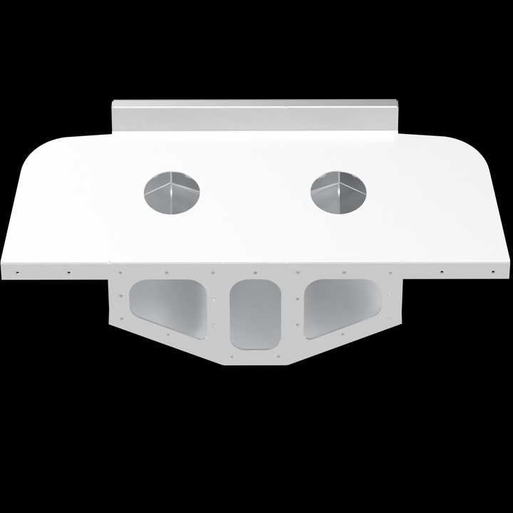 White silhouette of a Velocity 280 1997 Twin High Flotation Engine Bracket against a black background, featuring two circular openings and a distinct angular shape