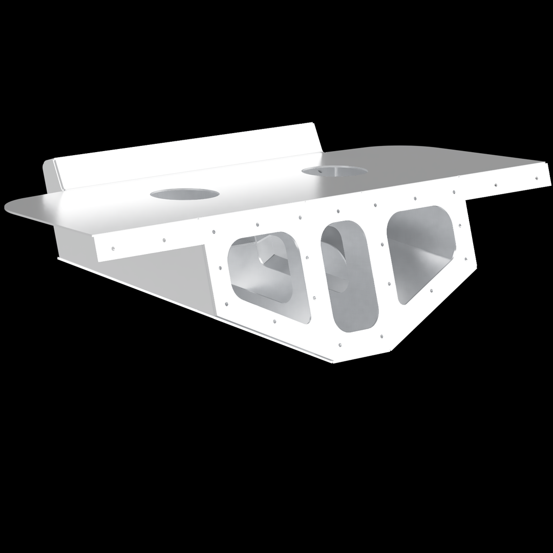 A 3D rendering of a Velocity 280 1997 Twin High Flotation Engine Bracket, showcasing its sleek design and structural features against a black background