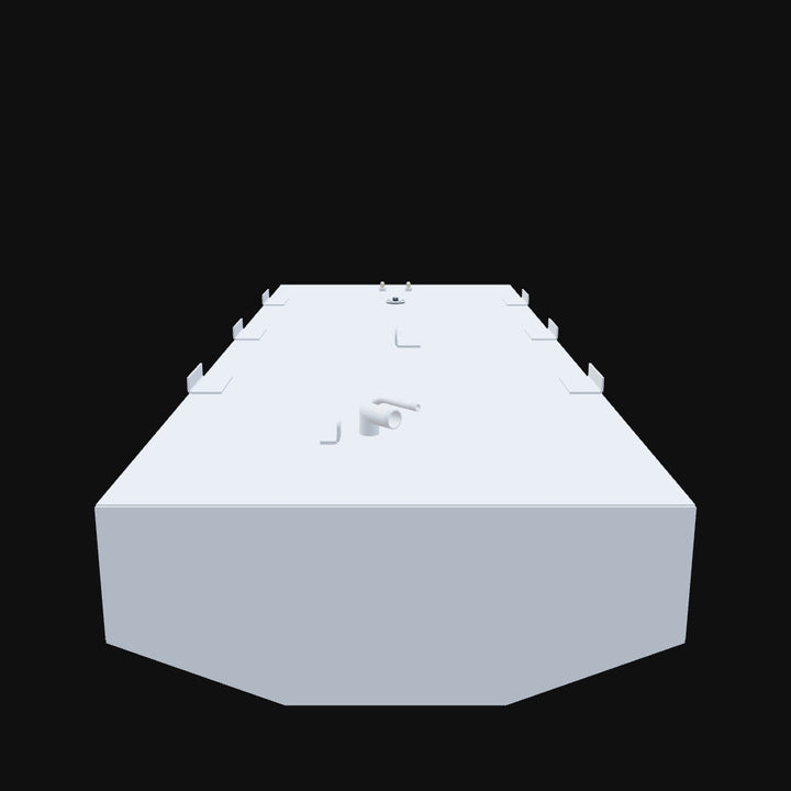 A 3D model of a 2005 Angler 29 with a 196-gallon nominal OEM replacement belly fuel tank, designed for offshore fishing with durable and efficient fuel storage